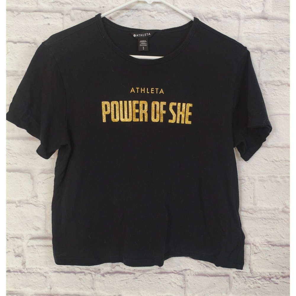 Athleta Power Of She Graphic Tee Black Gold Glitter Small athleisure, gym girl